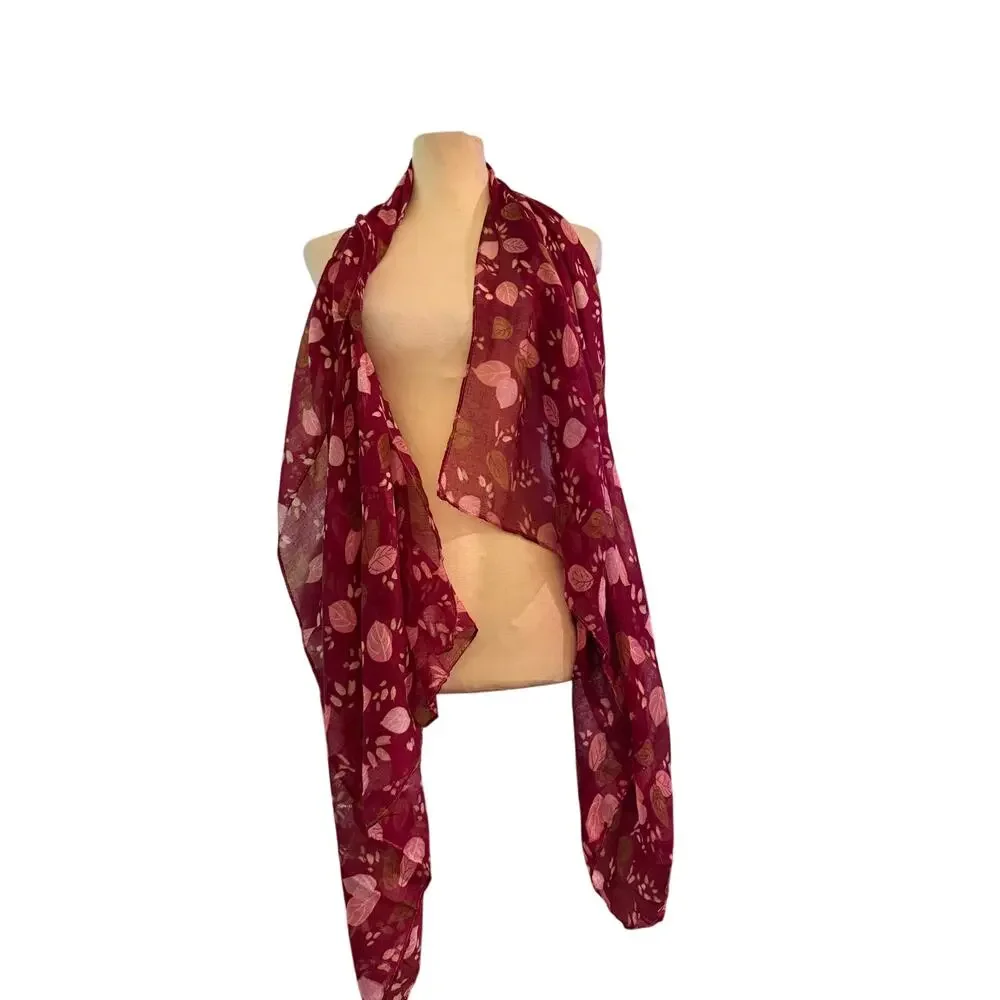 Burgundy Sheer Leaf Print Scarf Lightweight Fall Fashion Wrap 70